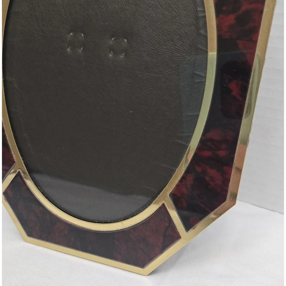 MCM Vintage Brass & Red Faux Tortoise Octagon Tabletop Frame Oval Glass Window